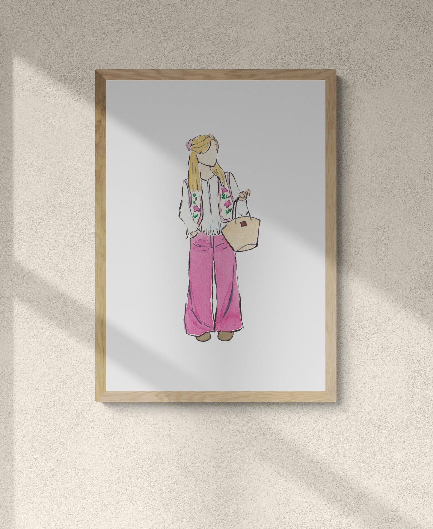 Framed artwork watercolour illustration of a girl wearing a white breezy blouse, floral vest and pink pants, holding a beige bag. Cute outfit inspo