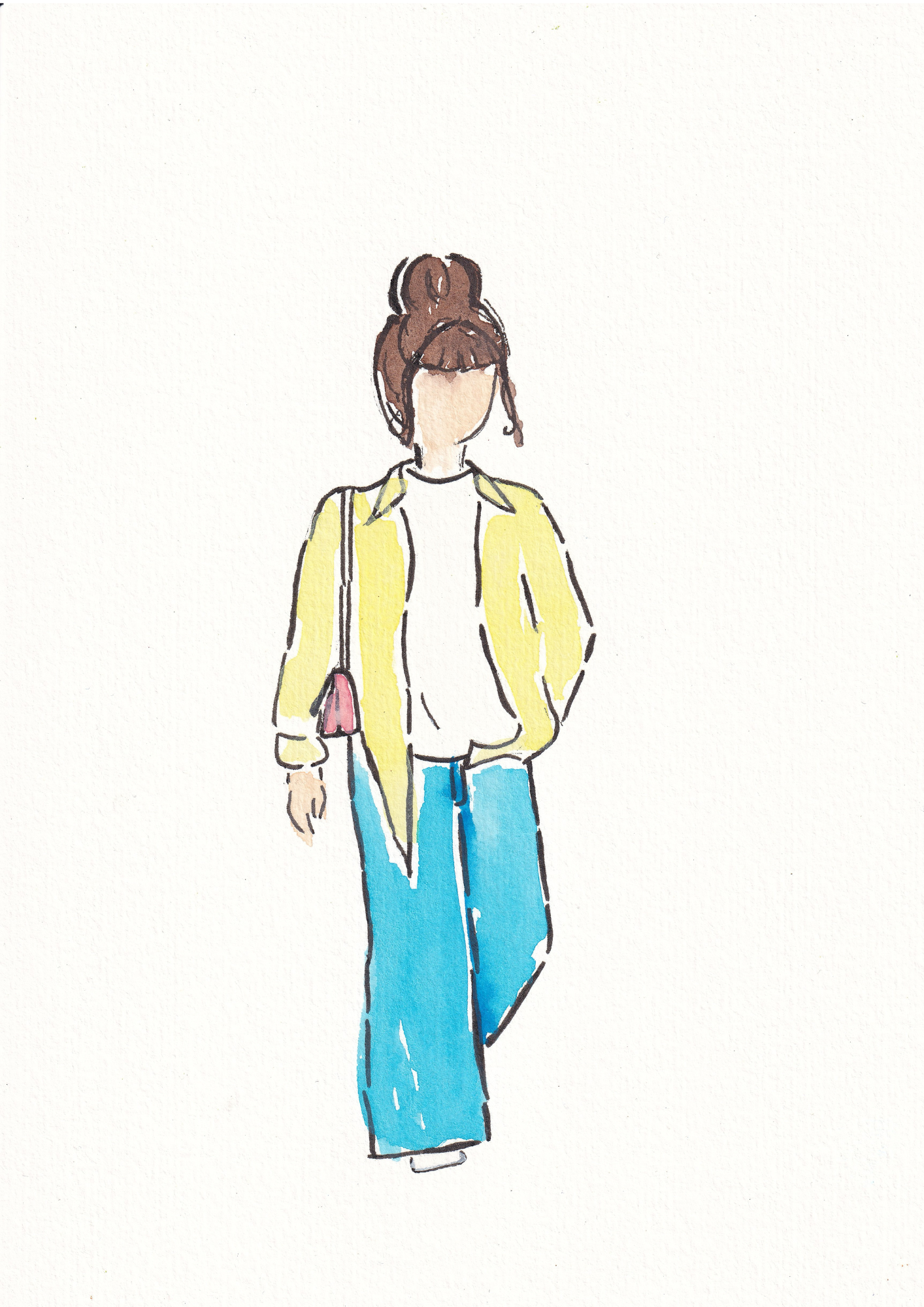 Illustration of a person wearing a yellow jacket and blue pants on a white background. Pinterest outfit inspo