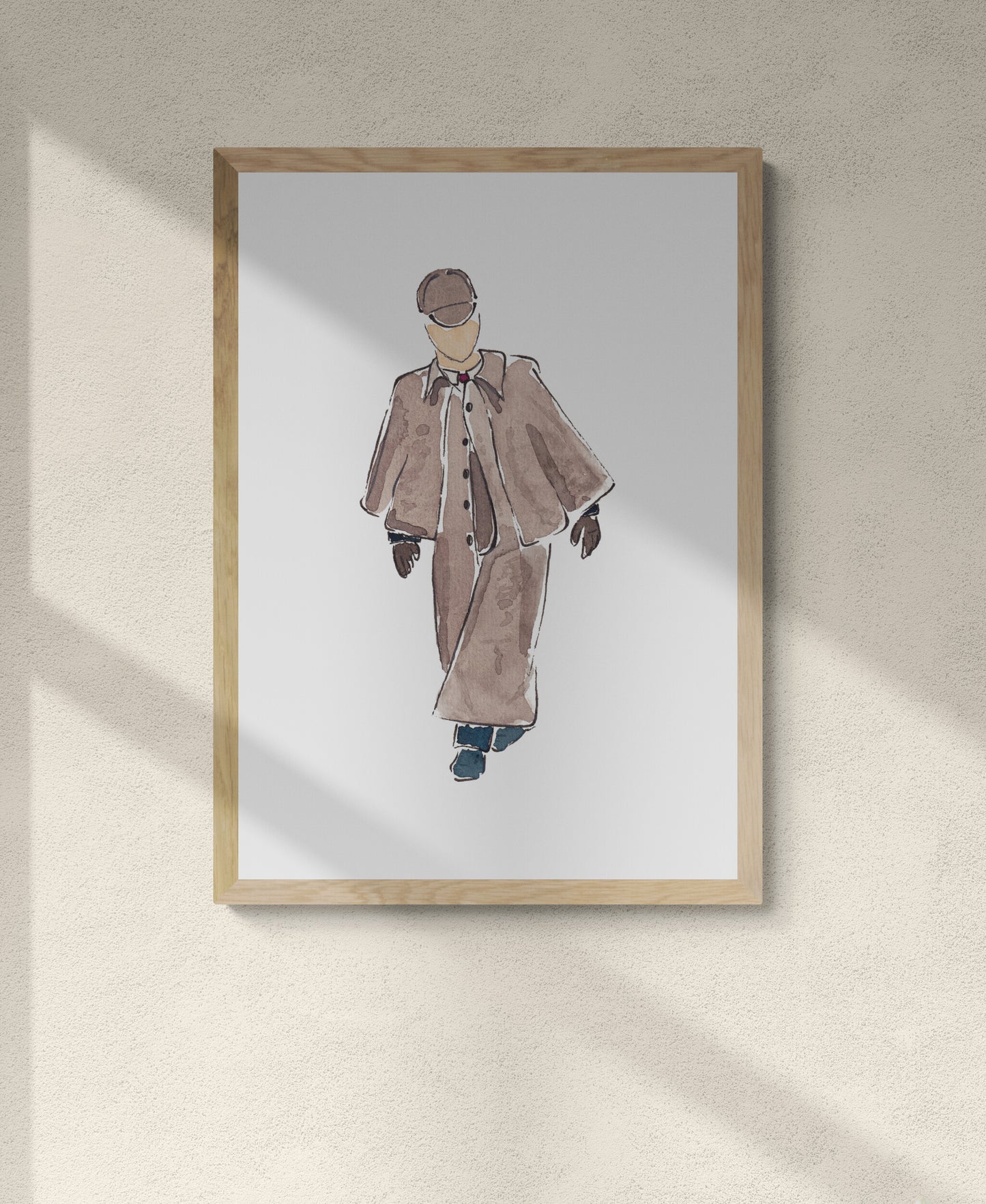Framed sketch of Sherlock Holmes, one of histories greatest fictional detectives, walking in his signature hat and brown-grey cloak