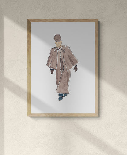 Framed sketch of Sherlock Holmes, one of histories greatest fictional detectives, walking in his signature hat and brown-grey cloak