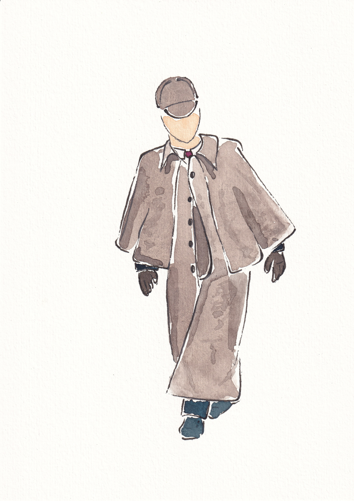 Sketch of Sherlock Holmes, one of histories greatest fictional detectives, walking in his signature hat and brown-grey cloak