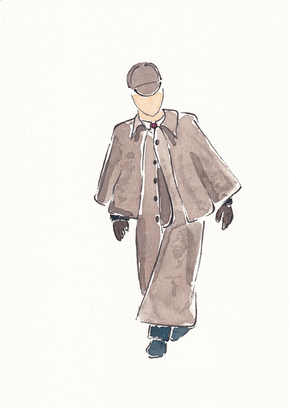 Sketch of Sherlock Holmes, one of histories greatest fictional detectives, walking in his signature hat and brown-grey cloak