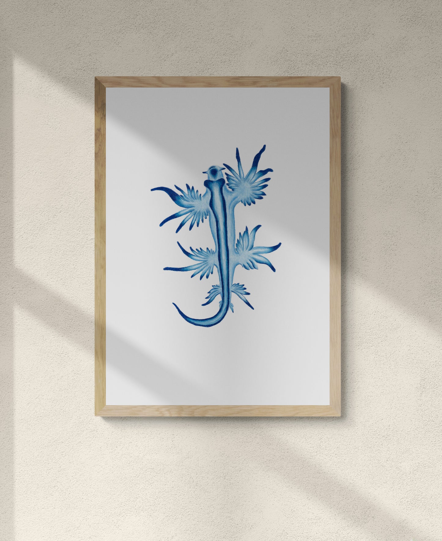 Framed colourful illustration of blue and white striped nudibranch known as the blue angel nudibranch. Sea lover, ocean, critter, cute