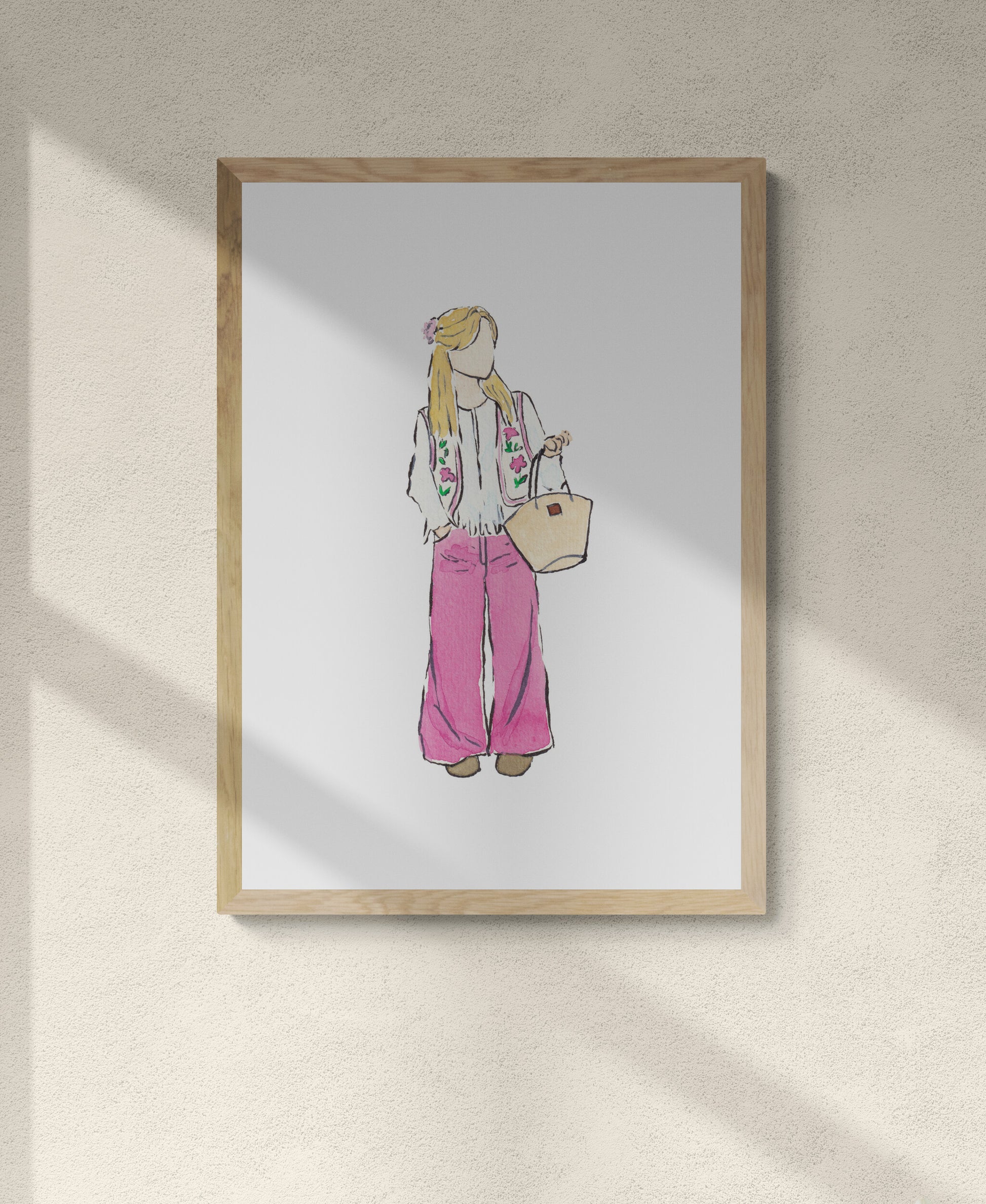Framed artwork watercolour illustration of a girl wearing a white breezy blouse, floral vest and pink pants, holding a beige bag. Cute outfit inspo