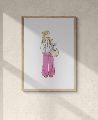 Framed artwork watercolour illustration of a girl wearing a white breezy blouse, floral vest and pink pants, holding a beige bag. Cute outfit inspo