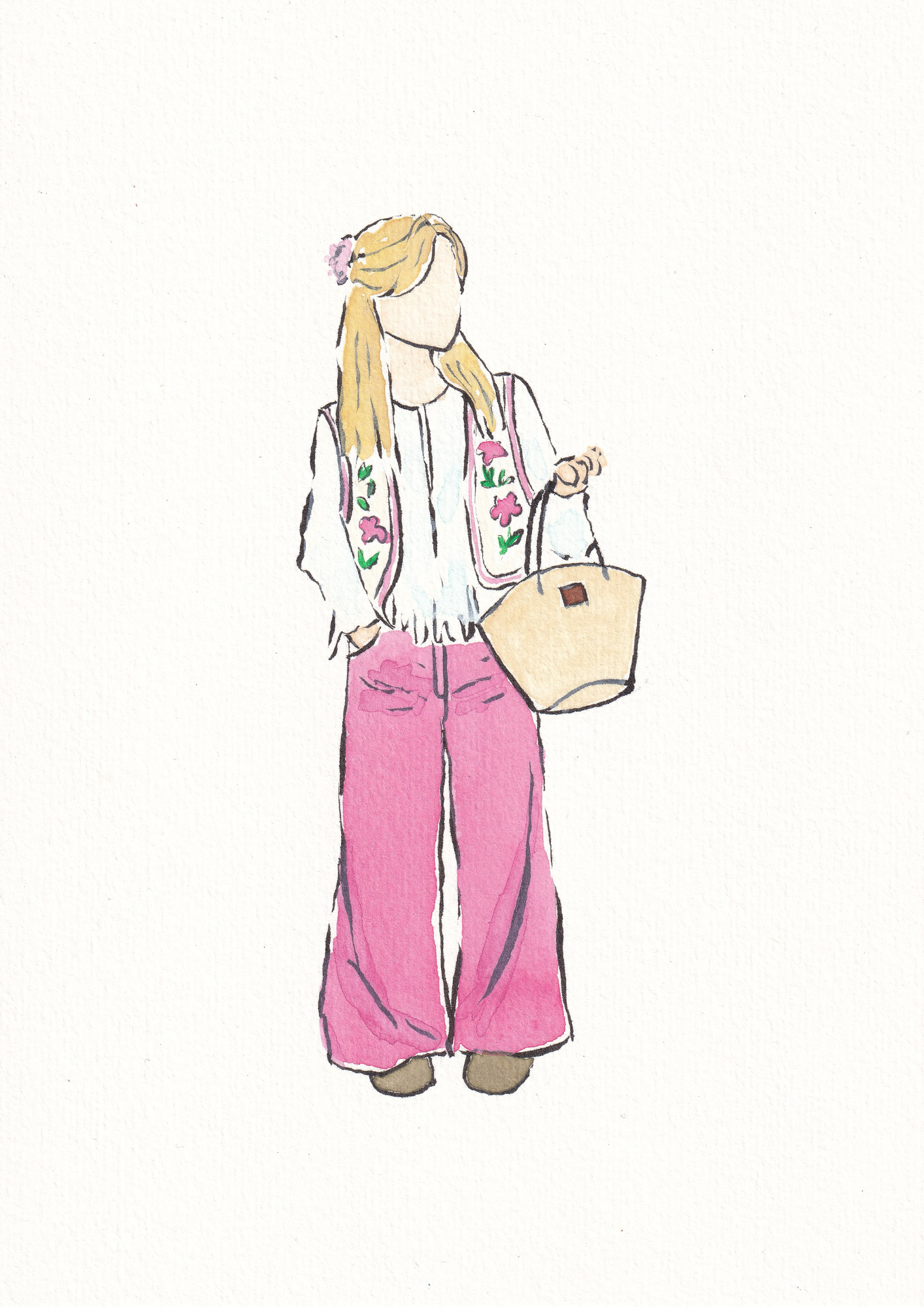 Watercolour illustration of a girl wearing a white breezy blouse, floral vest and pink pants, holding a beige bag. Cute outfit inspo