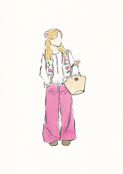 Watercolour illustration of a girl wearing a white breezy blouse, floral vest and pink pants, holding a beige bag. Cute outfit inspo