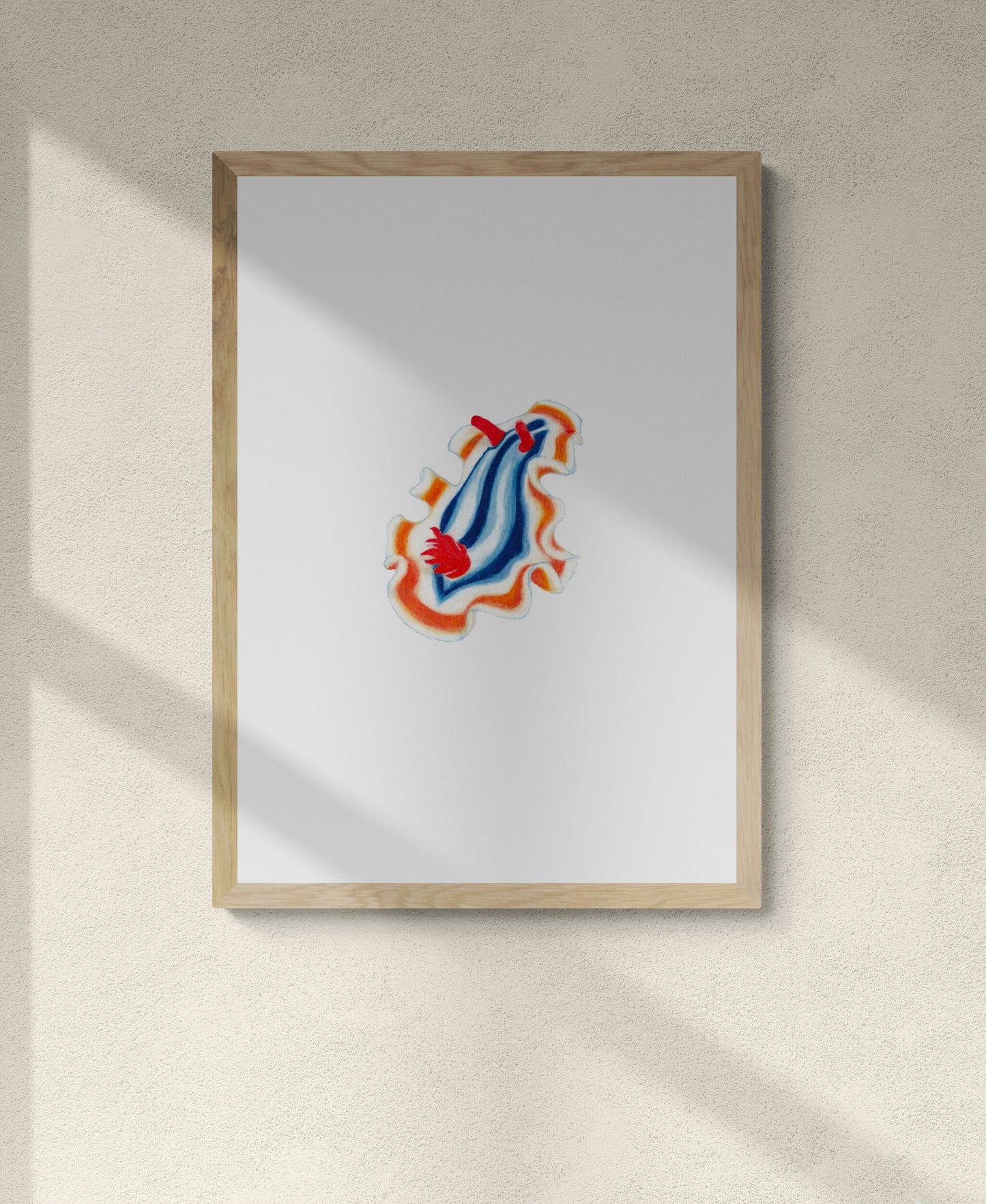 Framed colourful artwork illustration of the striped pyjama nudibranch. An adorable sea creature with beautiful wings that glides through the ocean