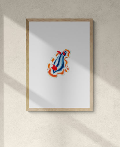 Framed colourful artwork illustration of the striped pyjama nudibranch. An adorable sea creature with beautiful wings that glides through the ocean