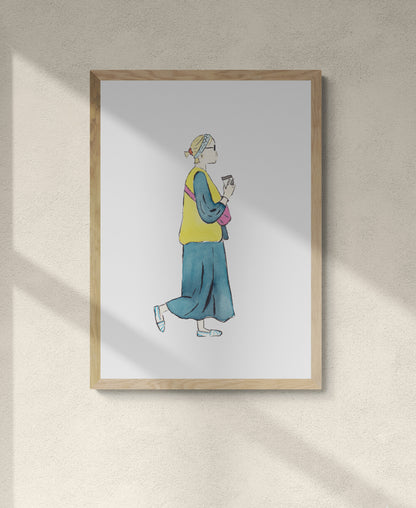 Framed artwork of a girl walking with coffee in hand in a cute spring outfit of long denim dress with yellow vest pink bag and white and blue shoes with blue headband and orange scrunchie