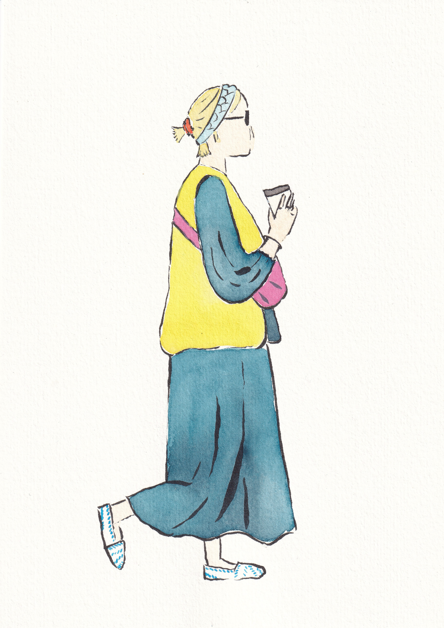 Girl walking with coffee in hand in a cute spring outfit of long denim dress with yellow vest pink bag and white and blue shoes with blue headband and orange scrunchie