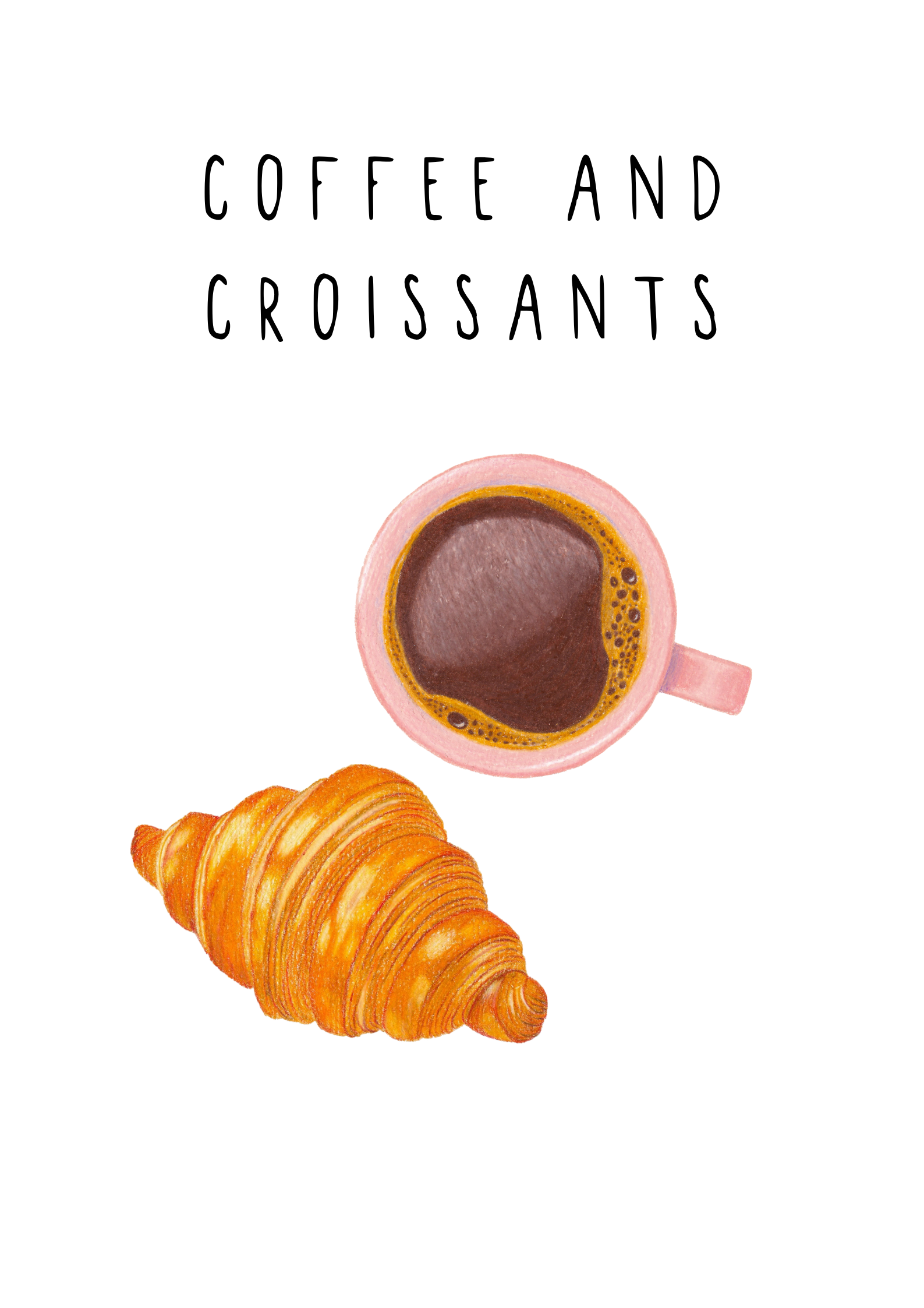 Illustration of a coffee cup and croissant with 'Coffee and Croissants' text on a white background