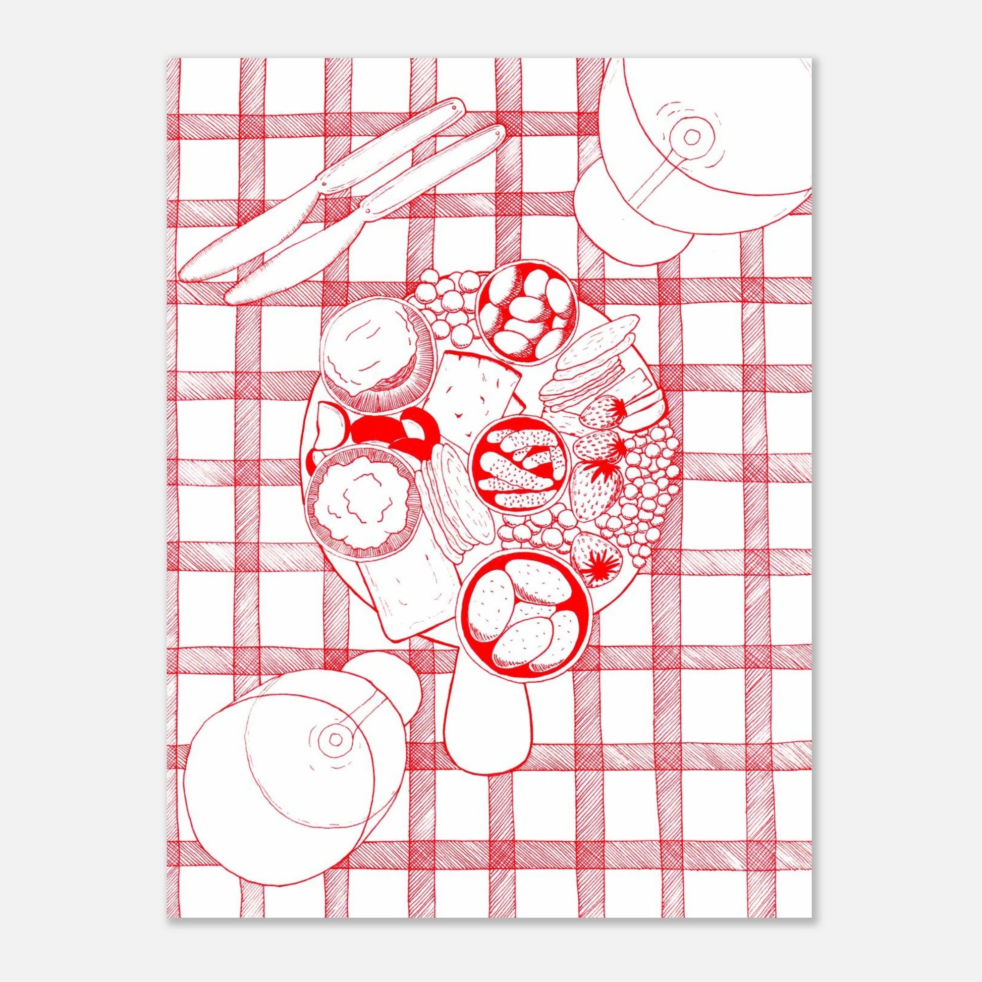 red and white ink on paper sketch of cheese board with all the extras, wine glasses, beautiful presented on a gingham tablecloth