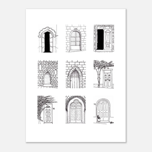 ink sketch of doors from travel around the world affordable art print